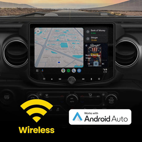 Installed Stinger touchscreen showing Android Auto navigation and music with a wireless compatibility callout