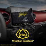 Water droplets on a Stinger display illustrating IP65 weather resistance; the graphic notes the radio chassis is not IP rated