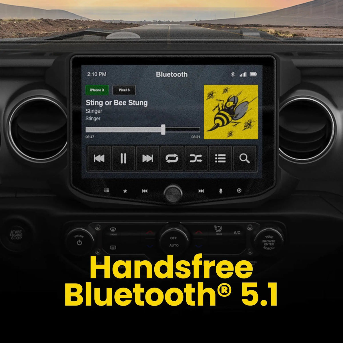 Stinger HORIZON10 in a Jeep Wrangler JL/Gladiator JT dashboard showing Bluetooth music playback