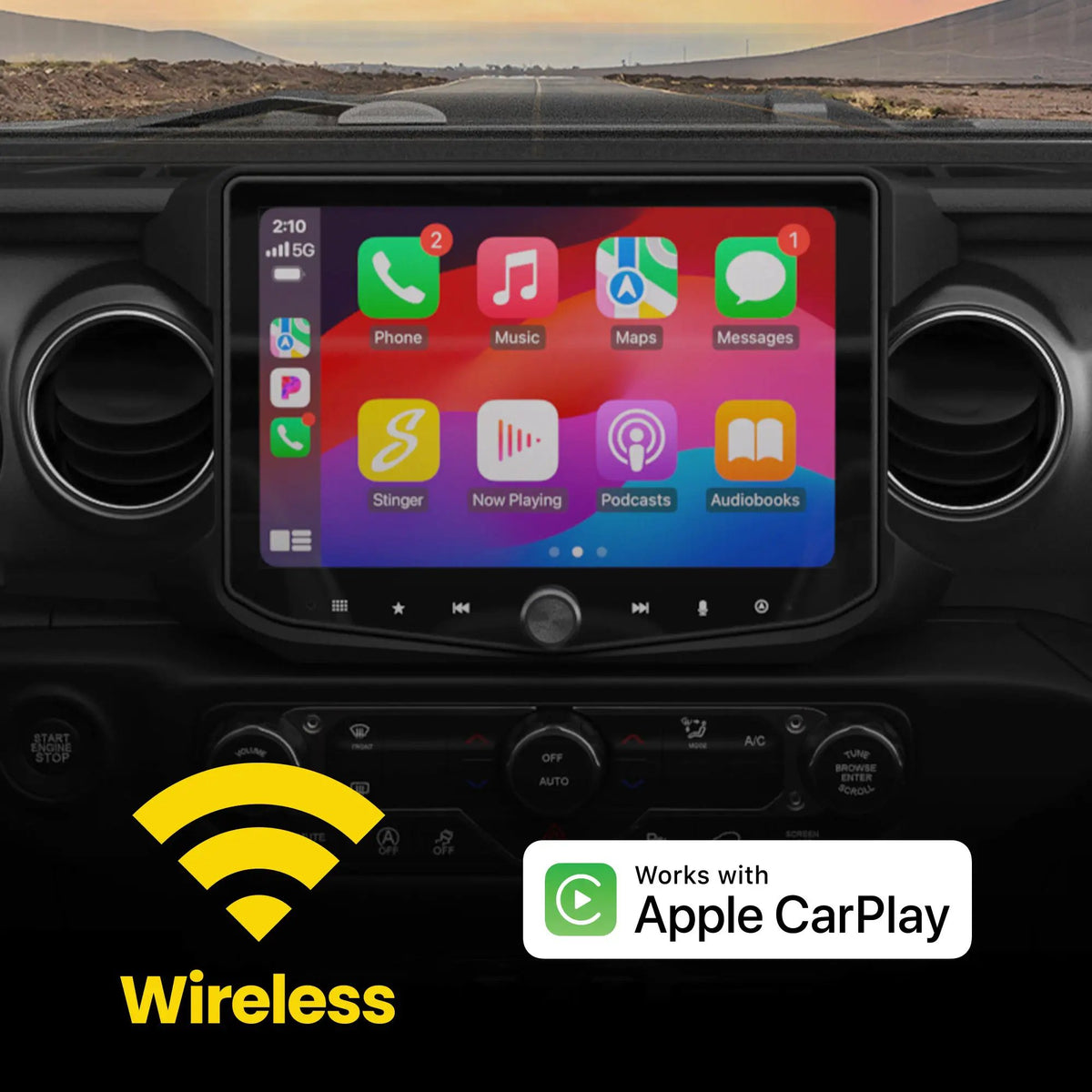 Installed Stinger touchscreen showing Apple CarPlay apps with a wireless compatibility callout