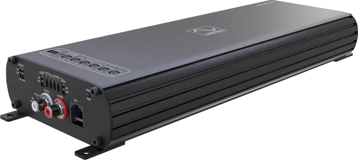 Wāvtech amplifier, angled view with RCA inputs, remote-control socket and top adjustments