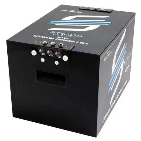 Stealth Energy lithium titanate battery, angled view of the black enclosure, recessed handle, and terminal blocks