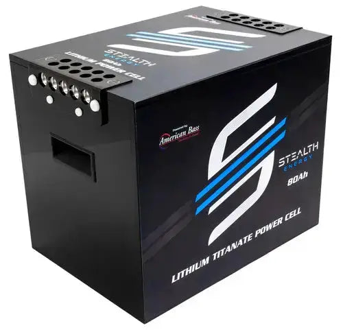 Stealth Energy lithium titanate battery, angled view showing the branded side, recessed handle, and top terminals