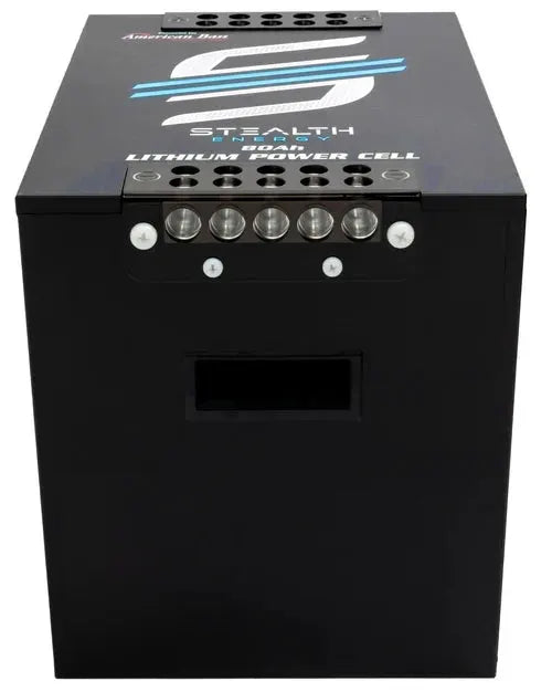 Stealth Energy lithium battery angled view with top terminal blocks