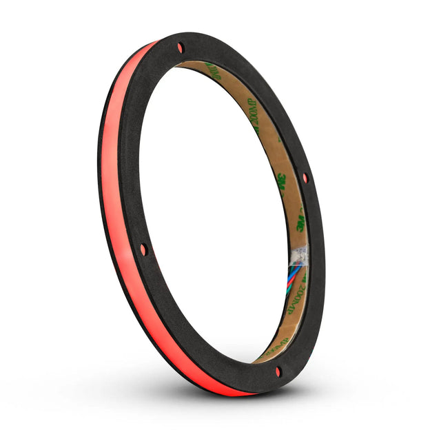 Black foam speaker ring with a red illuminated edge, mounting holes and adhesive backing