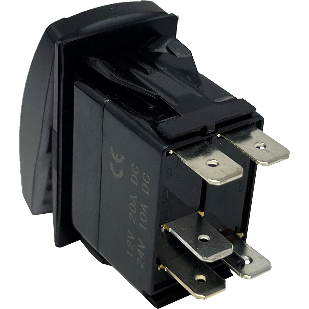 Rear view of a rocker switch showing its metal spade terminals and black housing