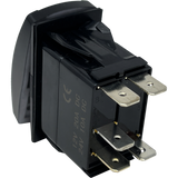 Rear view of a rocker switch showing its metal spade terminals and black housing
