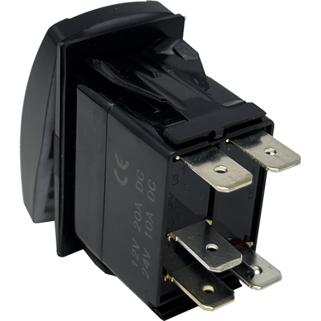 Rear view of a rocker switch showing its metal spade terminals and black housing
