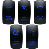 Five rocker-switch legend examples: Rear Lights, Rock Lights, LED Light Bar, Zombie Lights and Lighted Whip