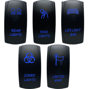 Five rocker-switch legend examples: Rear Lights, Rock Lights, LED Light Bar, Zombie Lights and Lighted Whip