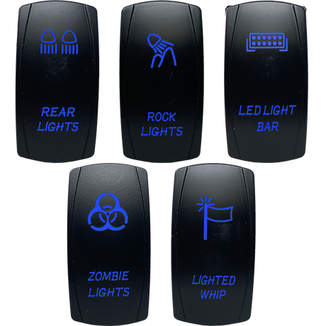 Five rocker-switch legend examples: Rear Lights, Rock Lights, LED Light Bar, Zombie Lights and Lighted Whip