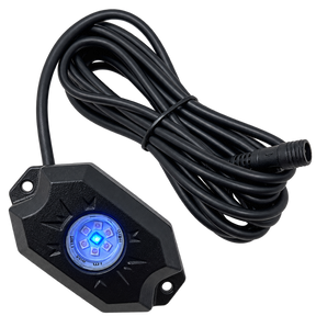Single blue LED rock-light pod with an attached cable