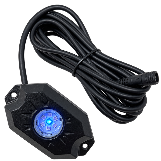 Single blue LED rock-light pod with an attached cable