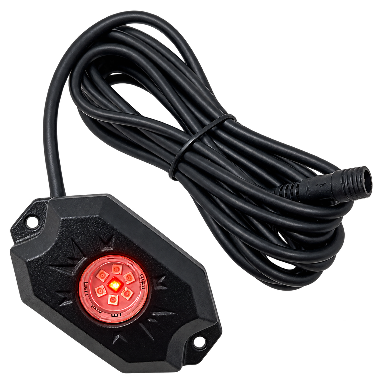 Single red LED rock-light pod with an attached cable
