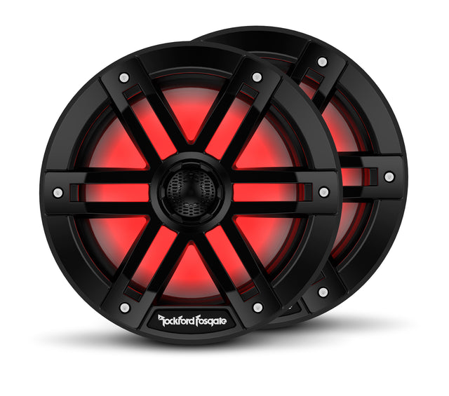 Black Rockford Fosgate M1-8B 8-inch marine speaker pair with RGB lighting