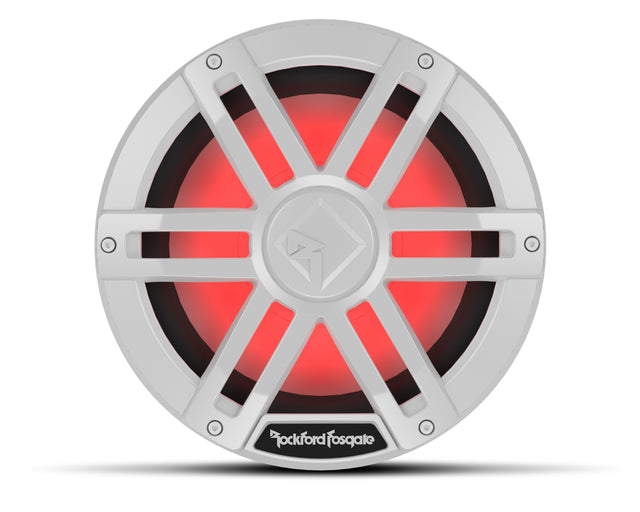 White Rockford Fosgate M1D2-10 10-inch marine subwoofer with RGB lighting