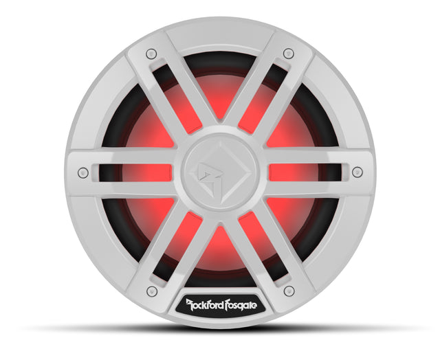 White Rockford Fosgate M1D2-8 8-inch marine subwoofer with RGB lighting