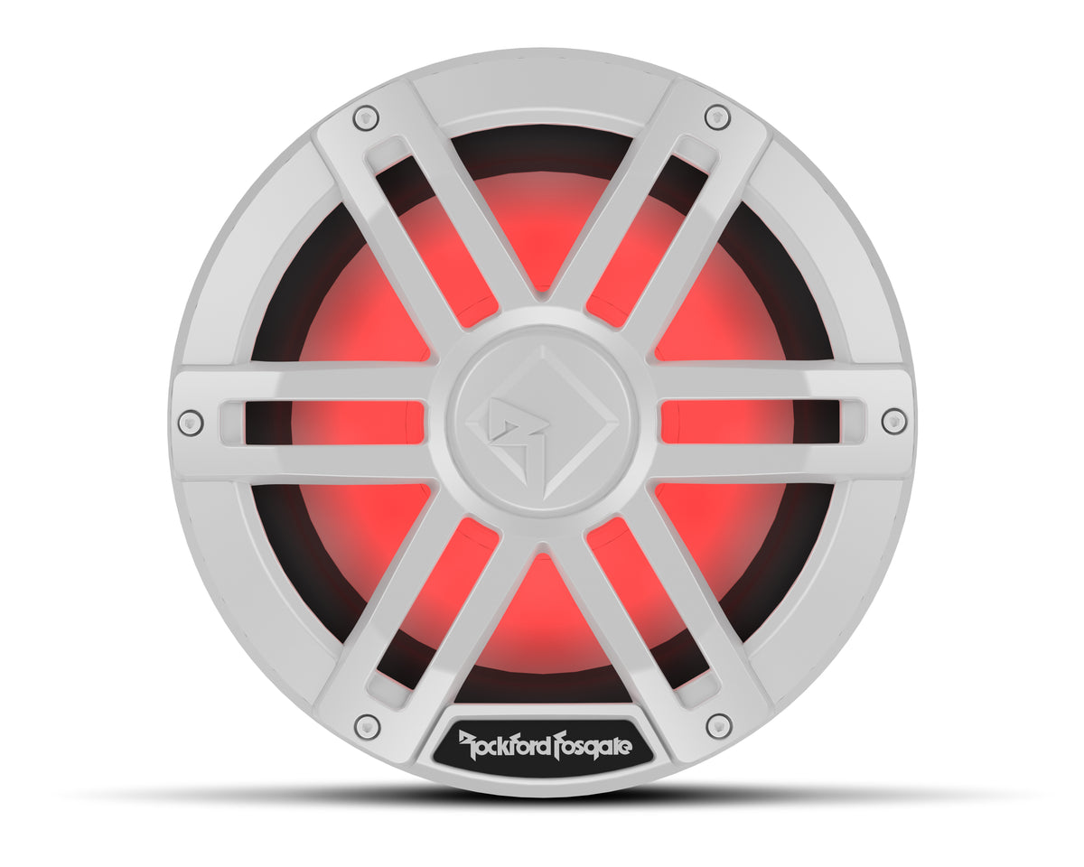 White Rockford Fosgate M1D4-10 10-inch marine subwoofer with RGB lighting