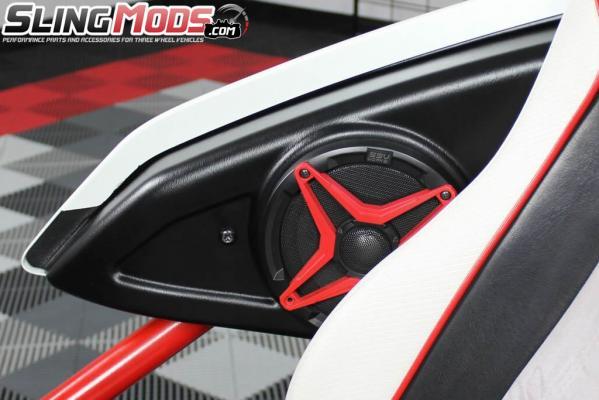 SS-USP65 installed side-panel speaker pods shown with optional red grilles; red grilles sold separately, not included