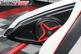 SS-USP65 installed side-panel speaker pods shown with optional red grilles; red grilles sold separately, not included