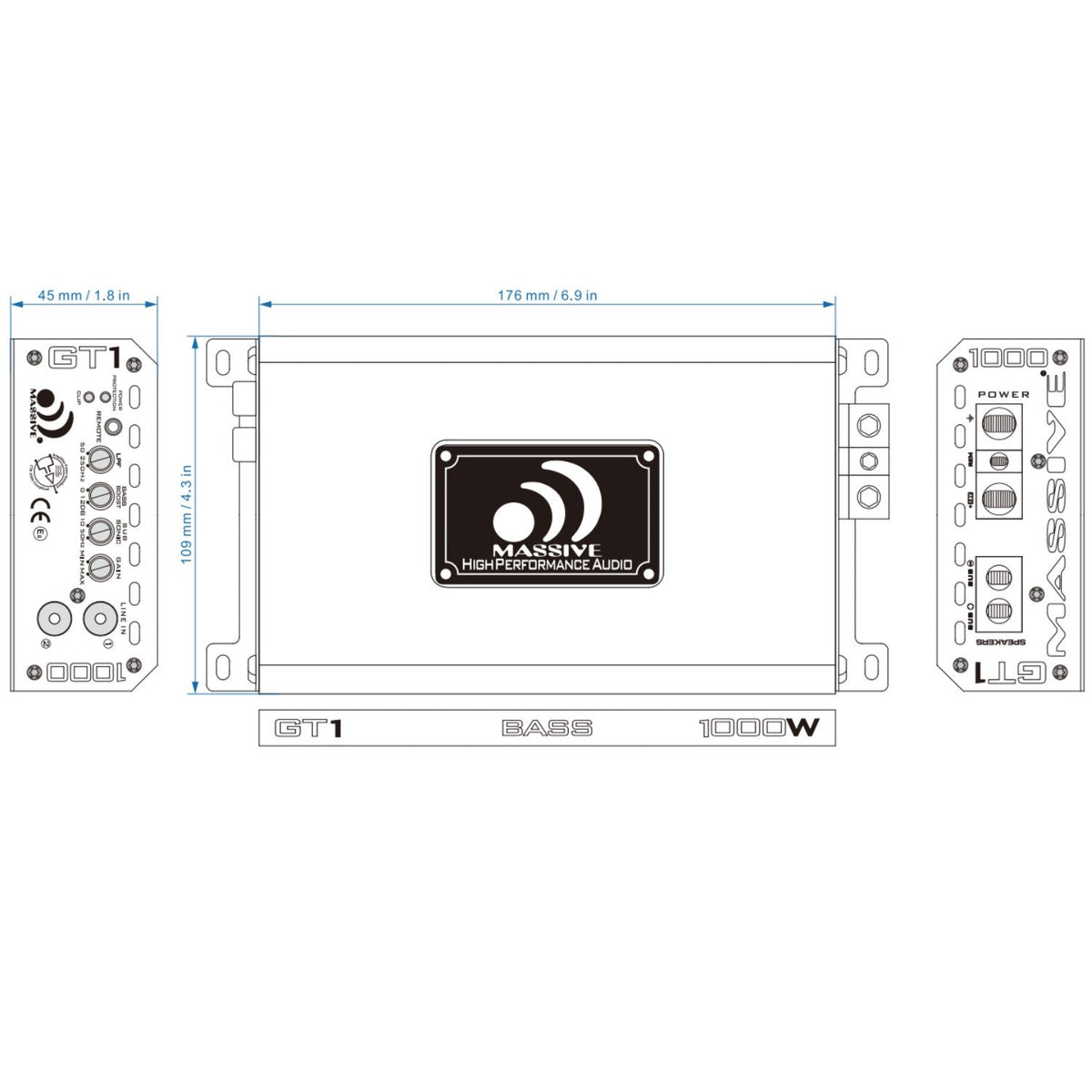 Massive Audio GT1 dimension drawing showing a 176 by 109 by 45 mm amplifier with control and terminal views