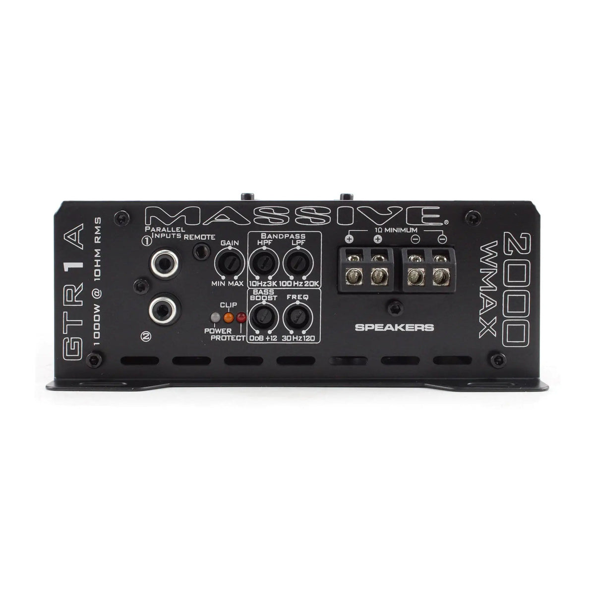 Massive Audio GTR1A panel with parallel RCA inputs, gain and filter controls, remote port and speaker terminals