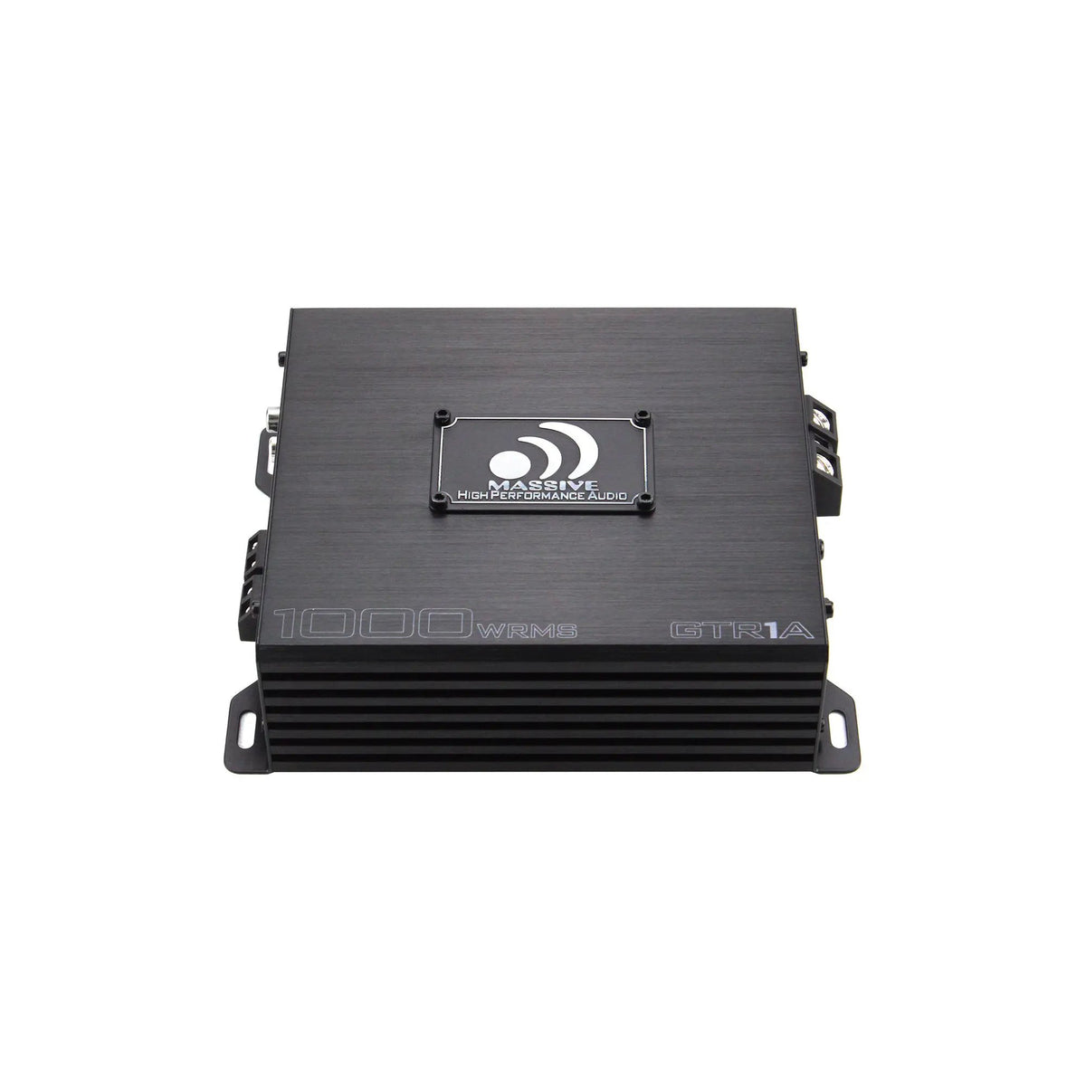Top of the Massive Audio GTR1A amplifier with a raised logo plate and finned front edge