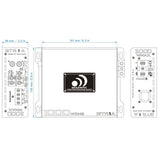 Massive Audio GTR1A dimension drawing showing a 161 by 150 by 56 mm amplifier with control and terminal views