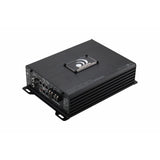 Angled Massive Audio GTR2A amplifier with a finned black housing, logo plate and input-control panel