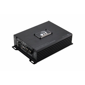Angled Massive Audio GTR2A amplifier with a finned black housing, logo plate and input-control panel