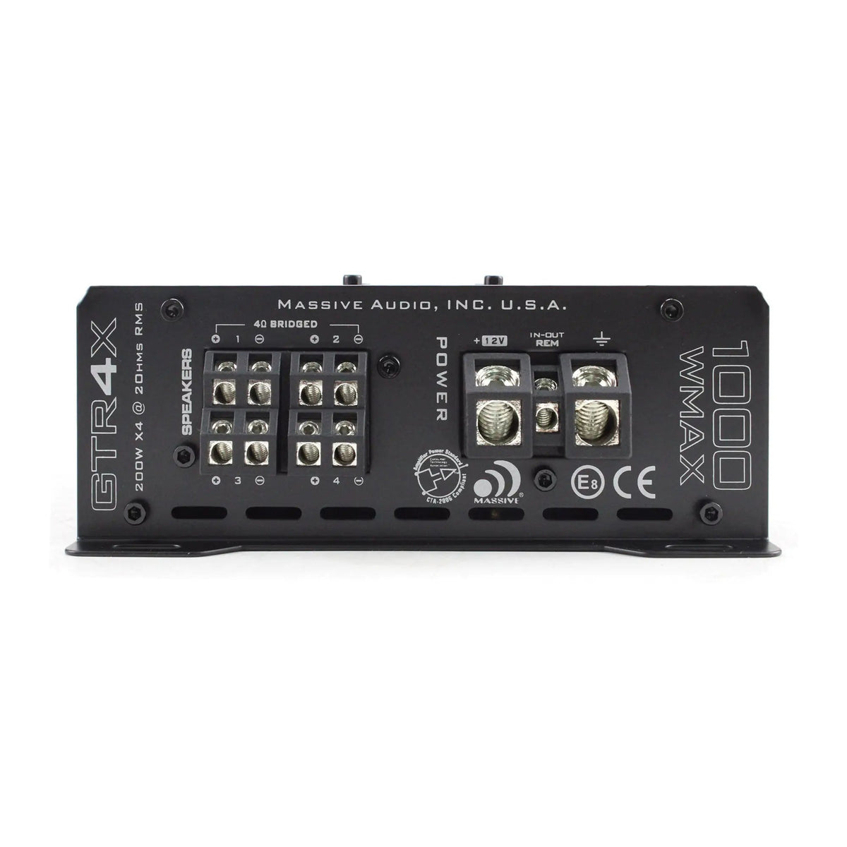 Massive Audio GTR4X terminal panel with four speaker channels, bridged-pair markings and power connections