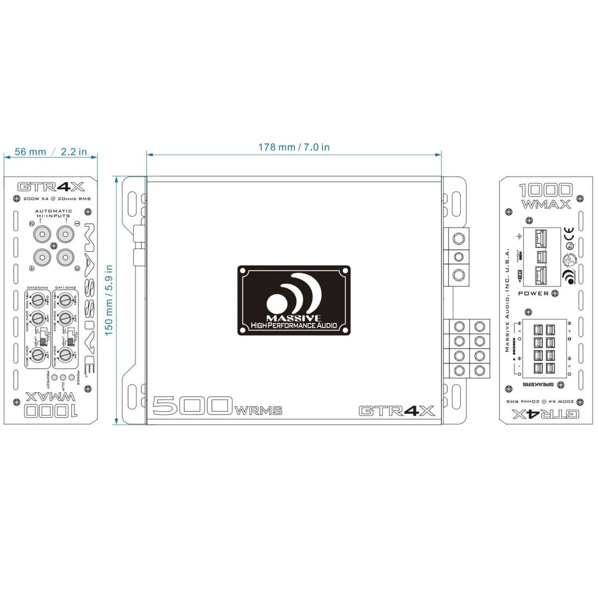 Massive Audio GTR4X dimension drawing showing a 178 by 150 by 56 mm amplifier with control and terminal views