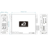 Massive Audio GTR4X dimension drawing showing a 178 by 150 by 56 mm amplifier with control and terminal views