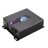 Angled view of a black Massive Audio H1000 amplifier with an illuminated logo and a 14.4 voltage display