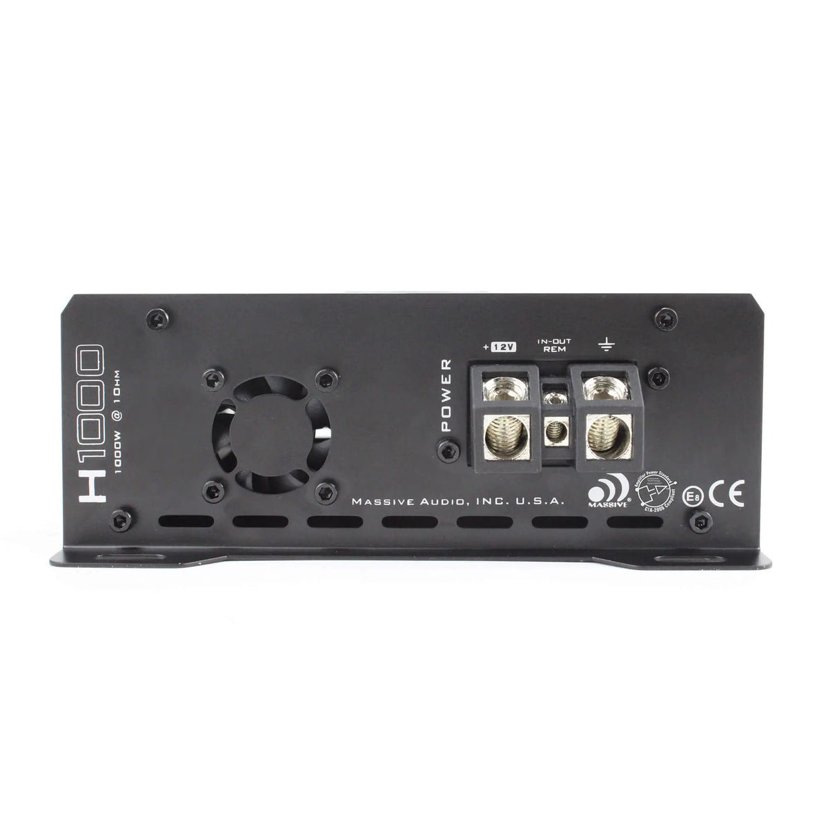 Massive H1000 amplifier power panel with cooling fan and ground, remote and 12V terminals