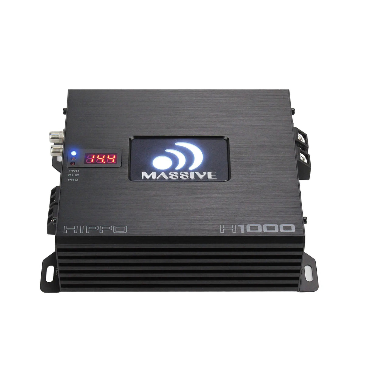 Top-angled view of a Massive Audio H1000 amplifier with an illuminated logo, 14.4 display and cooling fins