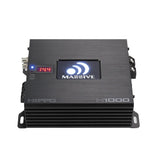 Top-angled view of a Massive Audio H1000 amplifier with an illuminated logo, 14.4 display and cooling fins