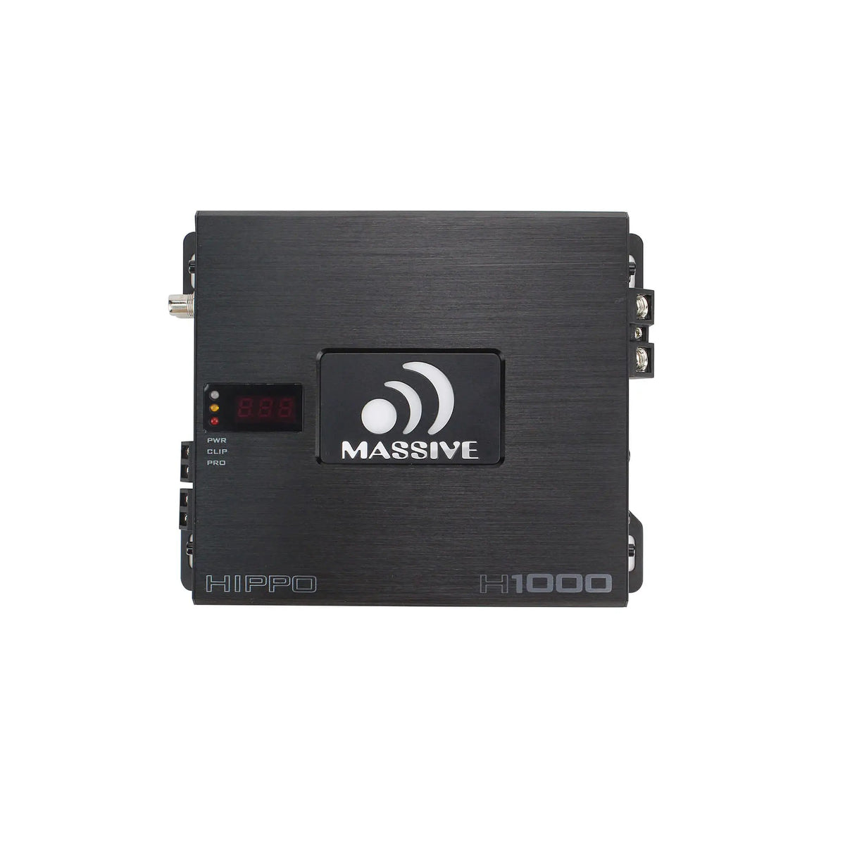 Top view of a Massive Audio H1000 amplifier with a dark voltage display and side cooling fins