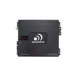 Top view of a Massive Audio H1000 amplifier with a dark voltage display and side cooling fins