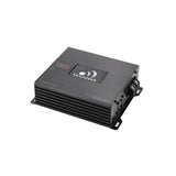 Angled Massive Audio Hippo H1000 amplifier with finned housing and side terminals