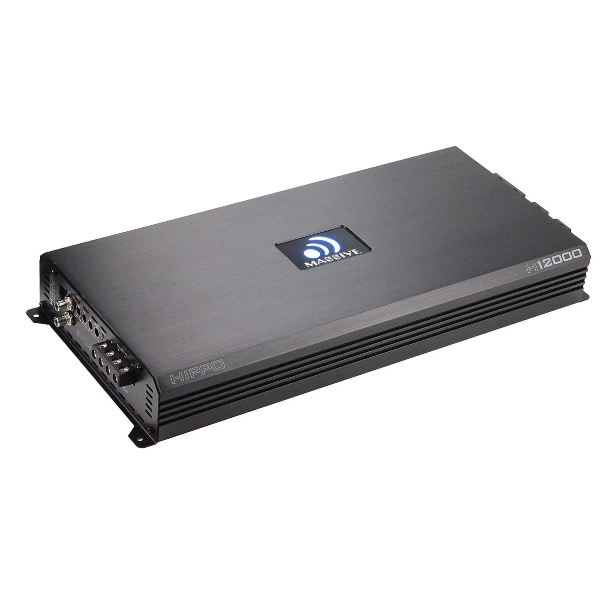 Angled view of a long black Massive Audio H12000 amplifier with an illuminated logo