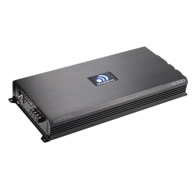 Angled view of a long black Massive Audio H12000 amplifier with an illuminated logo