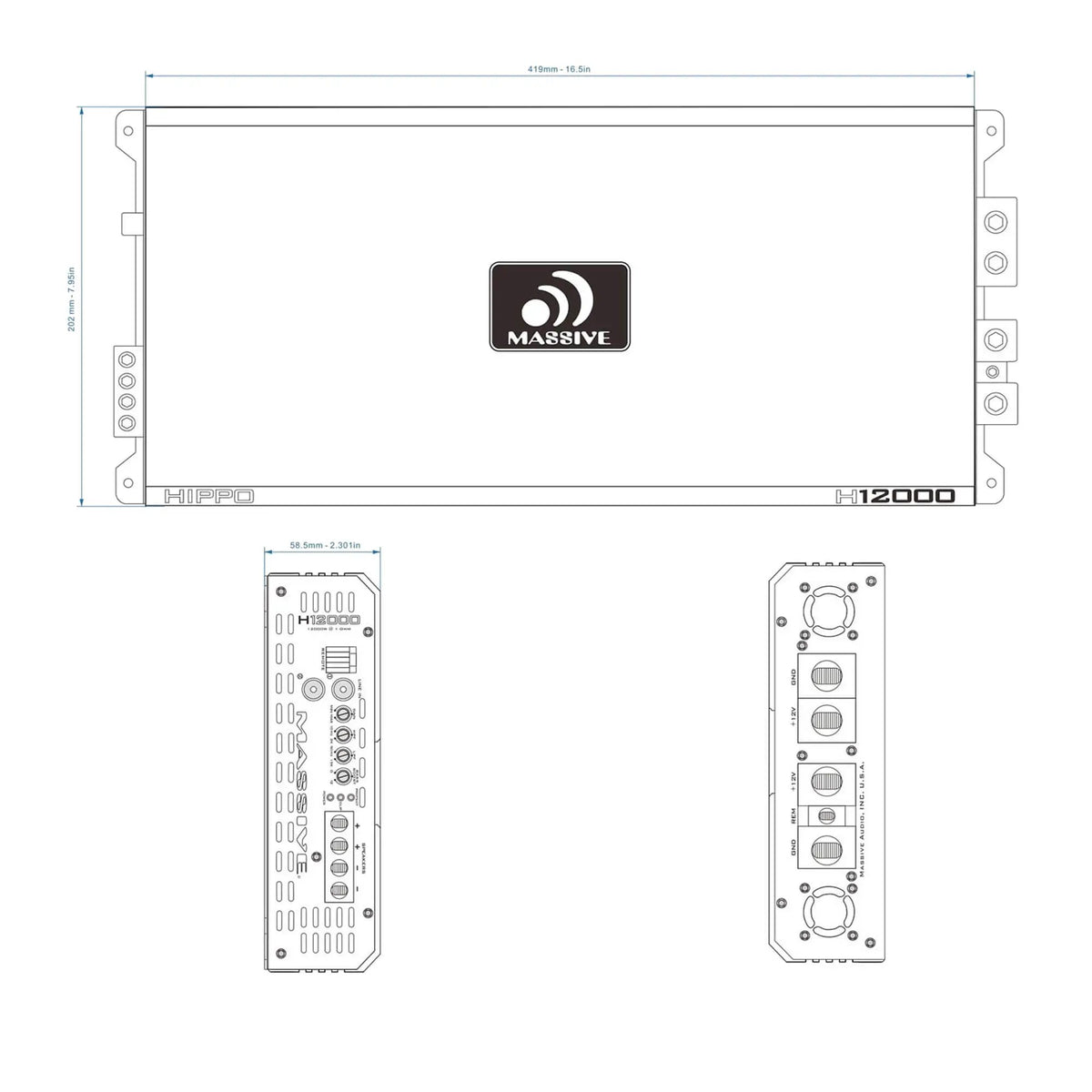 Massive H12000 dimension drawing: 419 by 202 mm body and 58.5 mm height, with both end-panel layouts