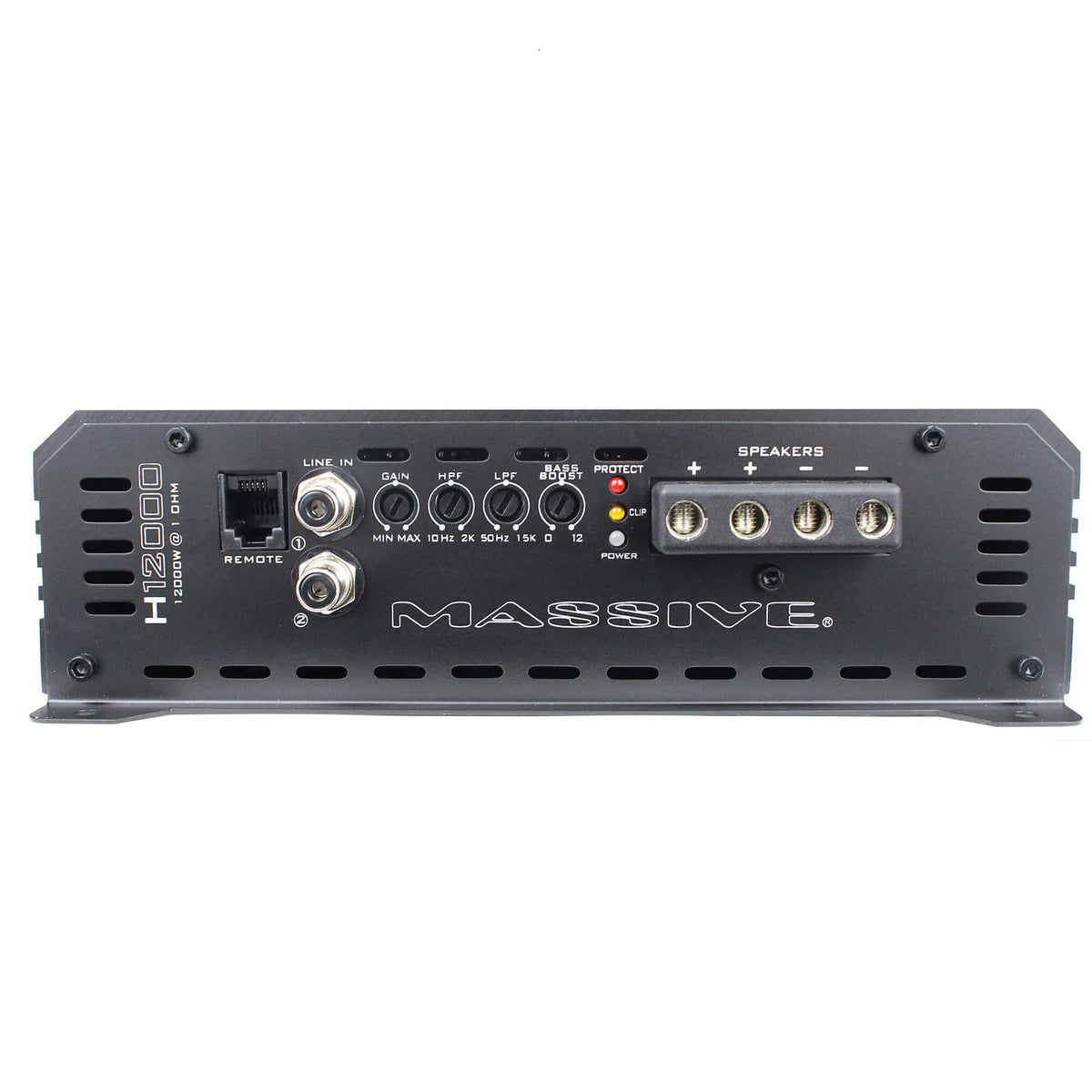 Massive Audio H12000 input panel with RCA sockets, filter controls, speaker terminals and remote port