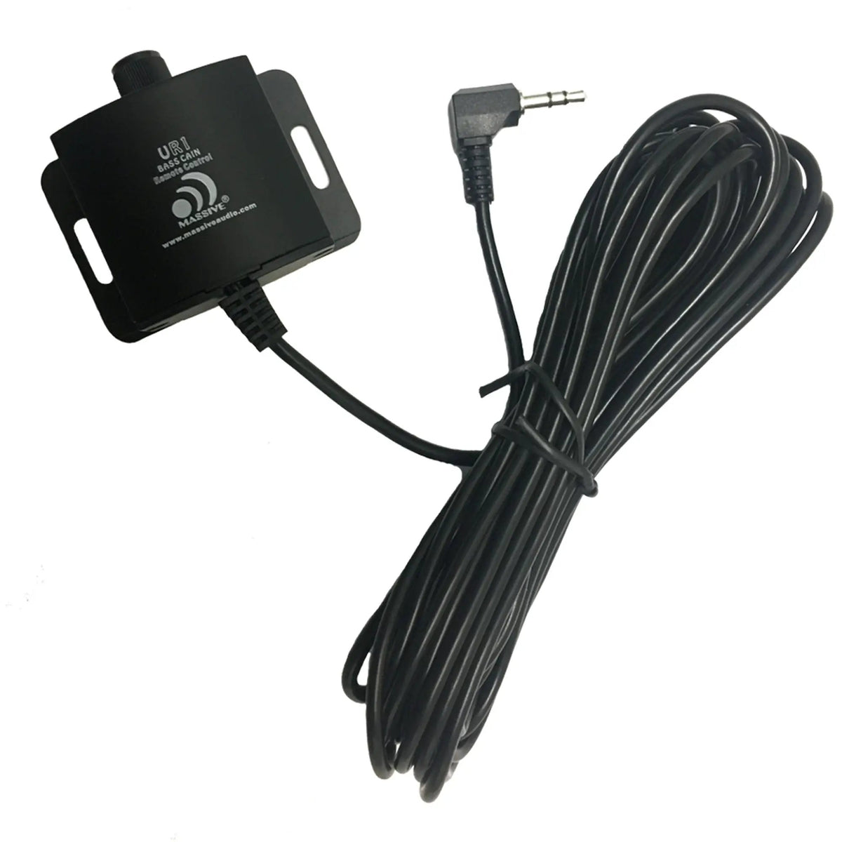 Massive Audio UR1 remote level knob with mounting tabs and a coiled cable with a right-angle plug