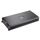 Angled Massive Audio Hippo H12000 amplifier showing its long finned housing and control end
