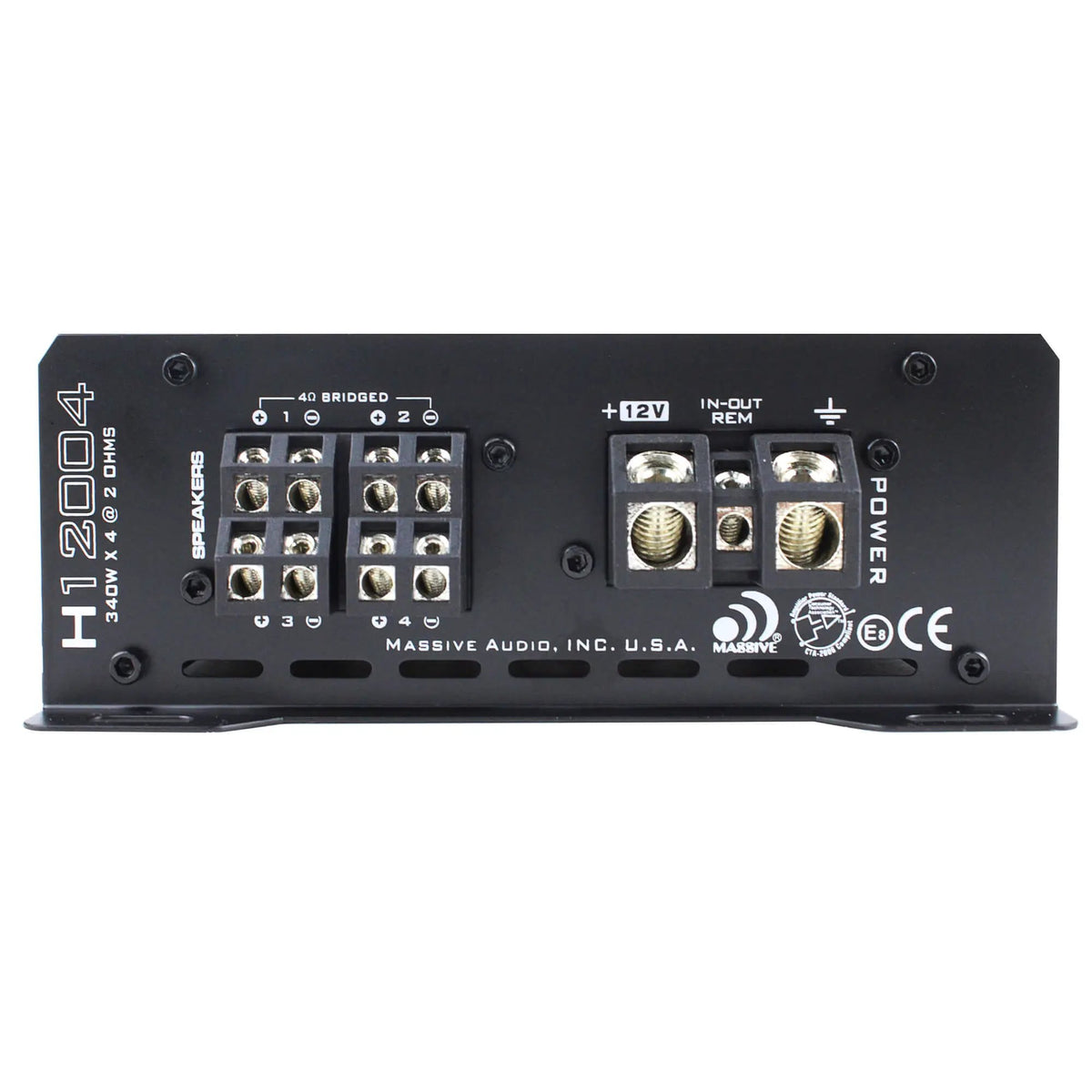 Massive Audio H12004 end panel showing four speaker channels, bridged-pair markings and power terminals