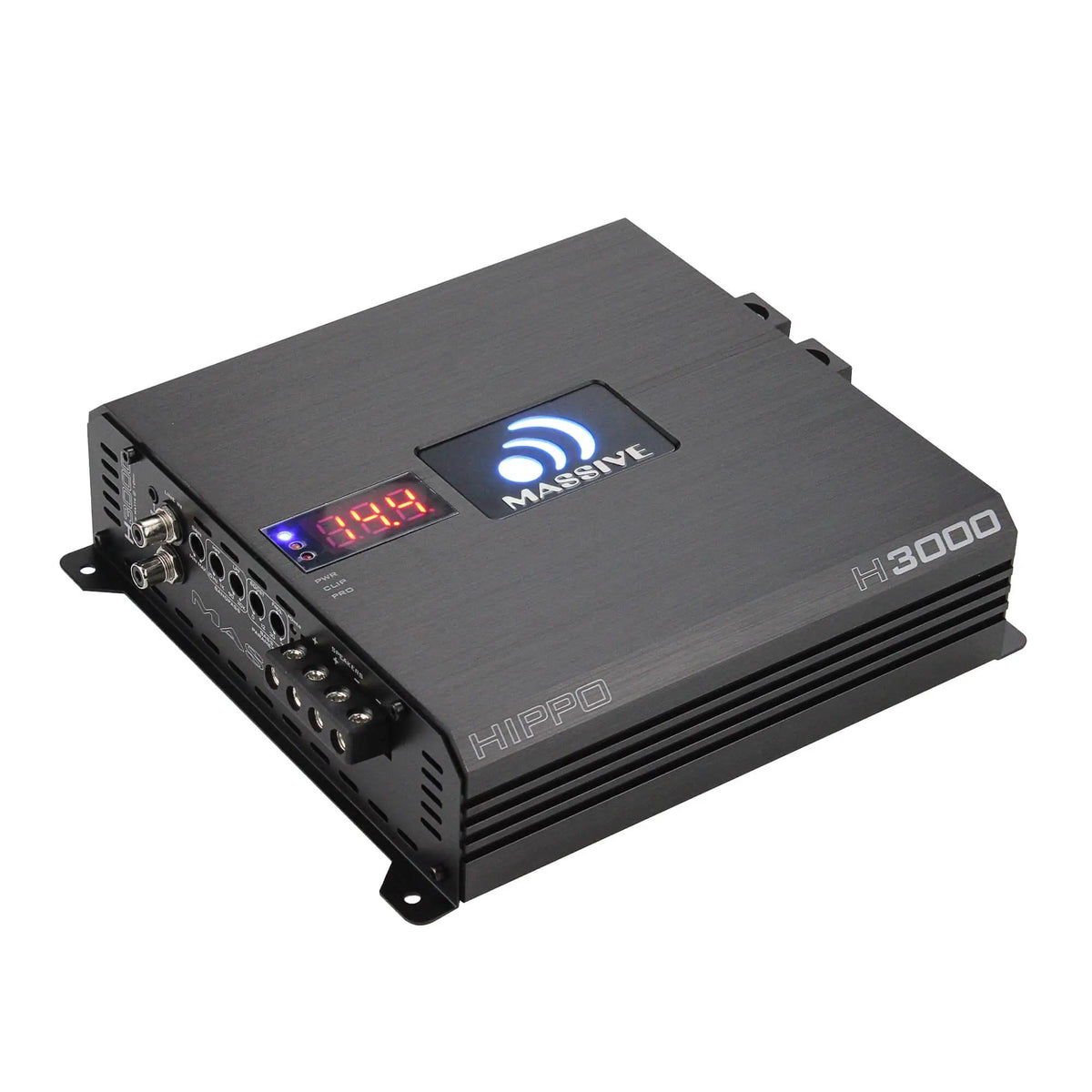 Massive Audio H3000 HIPPO amplifier with an illuminated logo and voltage display, angled view