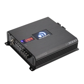 Massive Audio H3000 HIPPO amplifier with an illuminated logo and voltage display, angled view