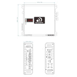 Massive Audio H3000 dimension drawing with top and end views, measuring 197 by 202 by 58.5 mm